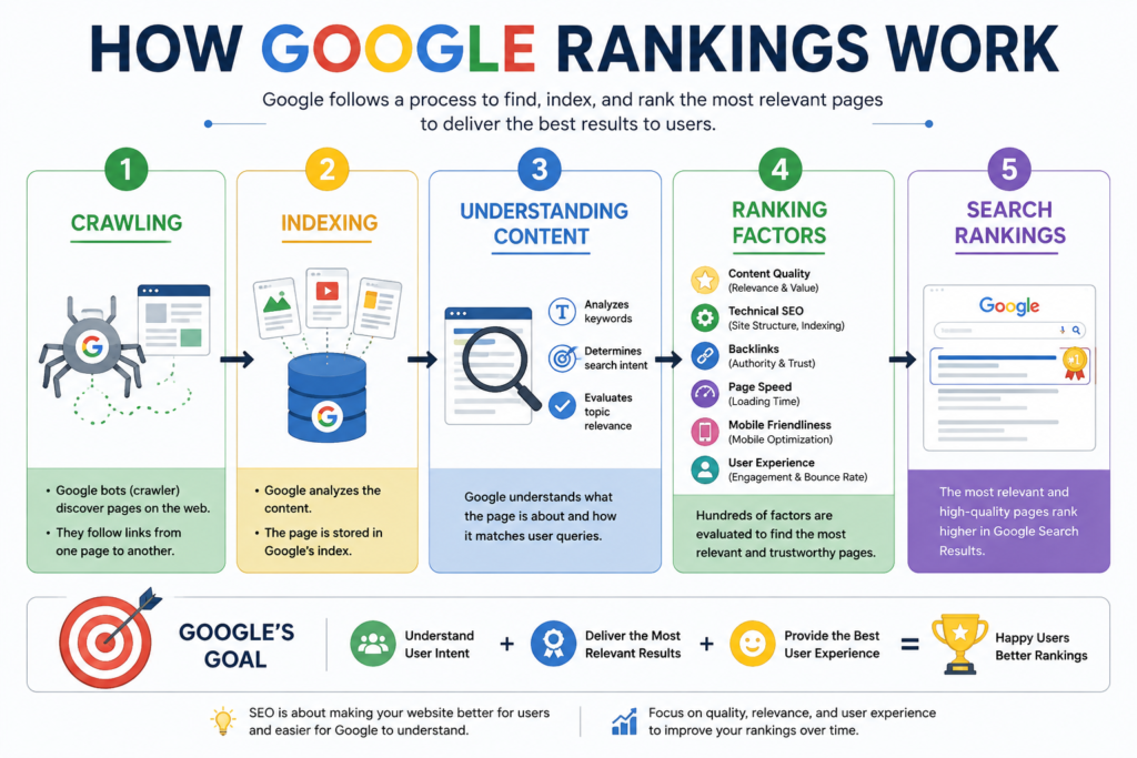 How Google Rankings Work infographic showing website indexing, crawling, technical SEO, ranking factors, and search engine optimization process