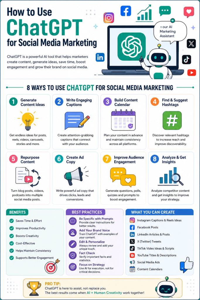 Infographic showing how to use ChatGPT for social media marketing, including content idea generation, caption writing, content calendar planning, hashtag research, content repurposing, ad copy creation, audience engagement strategies, analytics, benefits, and best practices for marketers.